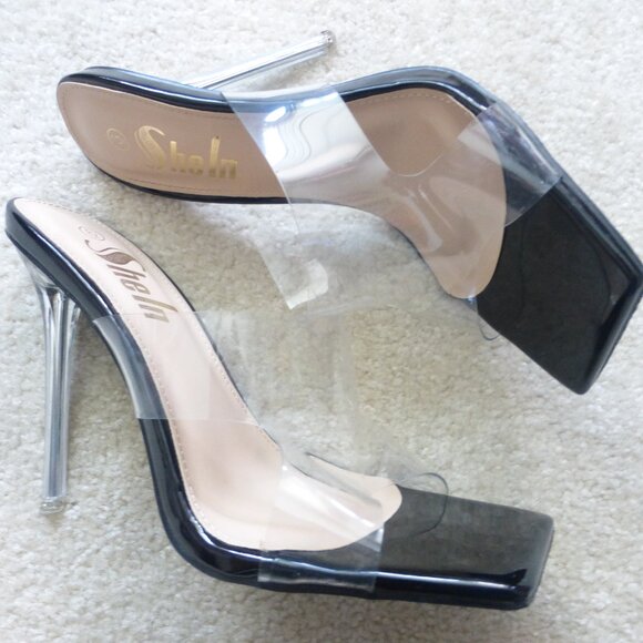 SHEIN black square toe stiletto slip-on heels with clear strap - Picture 8 of 9